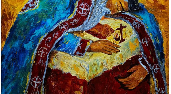 The Final Farewell: Liturgical painting Priest offering his final kiss to the Holy Altar